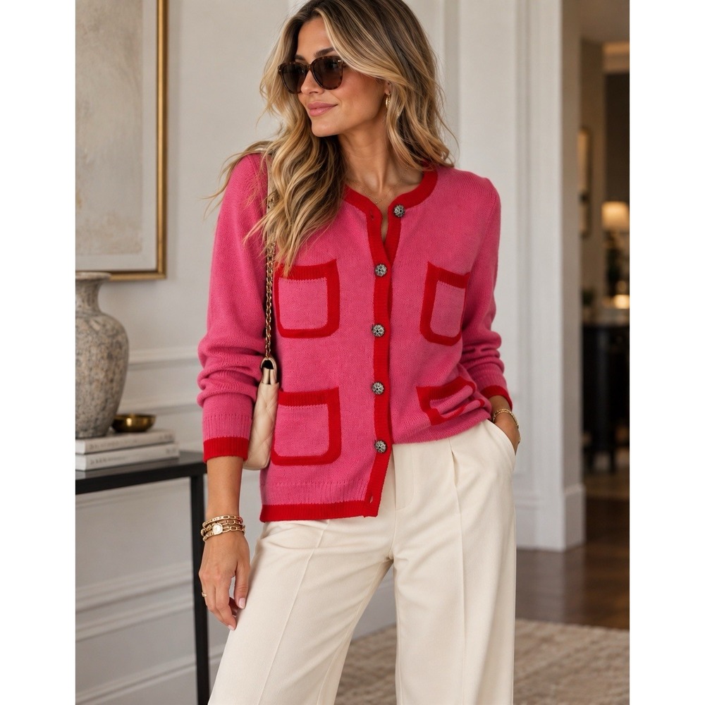 Frances Valentine Pierre Color block Cardigan Sweater Button Preppy Women's XL
